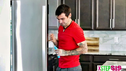 Tattooed stepbro in red shirt with Scarlet Skies seduction prank scene