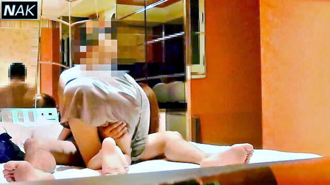 Korean woman bare pussy exposed bent over table fucked doggy style by man in bathroom mirrors