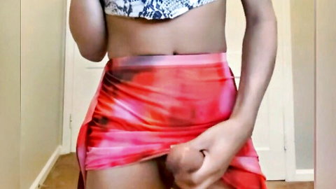 Luma Lavont teasing in sexy red wrap dress and high heels, ebony beauty lifting skirt