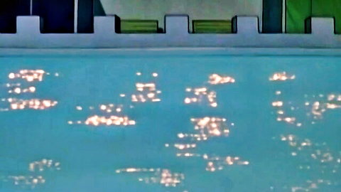 Nighttime pool reflections in Mirai Choujuu Fobia Ep.2 adult scene