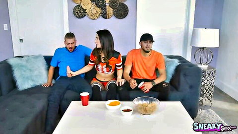 Eva Lovia secretly strokes friend's dick while unaware boyfriend watches