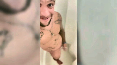 Tattooed hunk Luka in steamy shower, nude solo tease