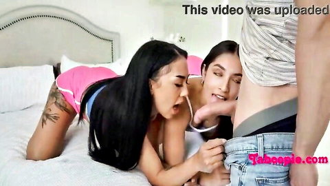Latina boxer babes in shorts seducing stepbro with oral threesome