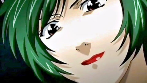 Seductive close-up of green-haired anime girl with intense eyes and red lips in BDSM theme