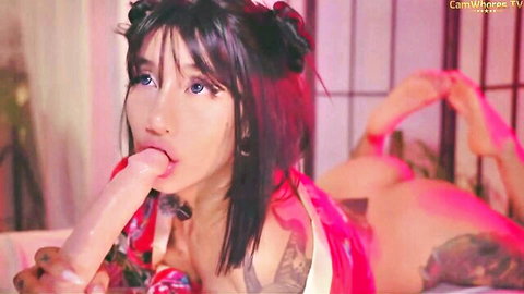 Asian camgirl Nekyra San sucking dildo in red kimono, solo oral play