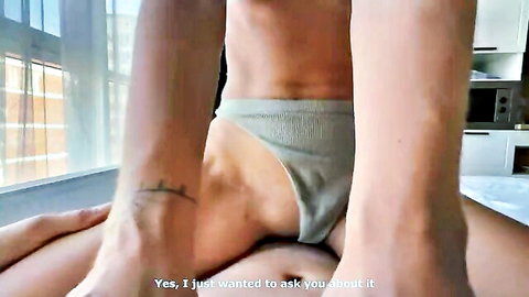 Babe spreads legs on kitchen counter pulling aside gray panties to expose shaved pussy gripped by hands POV