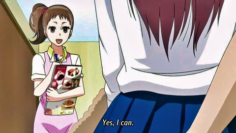 Anime JAV schoolgirls in uniforms, one maid serving food to friend