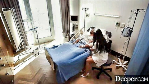 Angela White as sexy nurse caring for patient in bed, intimate hospital scene