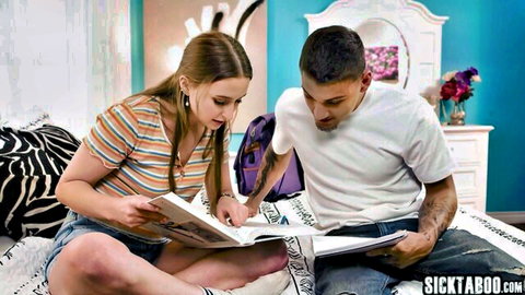 Laney Grey studying intimately with tattooed guy on bed, Pure Taboo teen tease