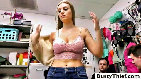 Busty blonde in pink lace bra caught by officer, teasing in jeans