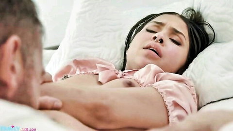Ryder Rey in pink lingerie exposed on bed, touched by Dorian Del Isla
