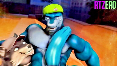 Muscular blue shark furry humping fox furry in urban city scene by TwitchyAnimation