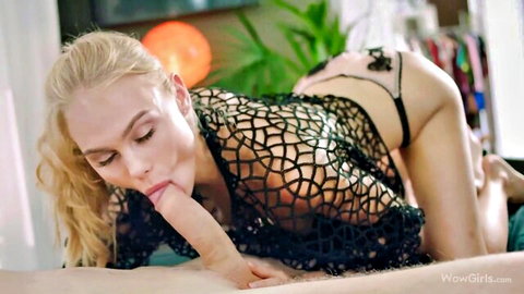 Nancy A in black mesh lingerie giving blowjob to hubby
