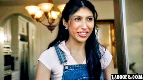 Penelope Woods smiles seductively in denim overalls, teasing thankful blowjob and fuck scene