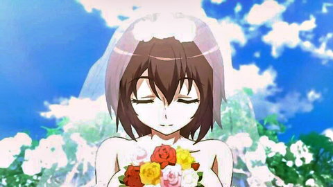 Anime girl in wedding veil holding rose bouquet, topless nude, dreamy floral scene