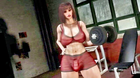 Rose futa with huge tits in red workout gear lifting weights