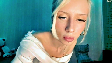 Sexy blonde maribelchauhdrey teasing in off-shoulder white top close-up