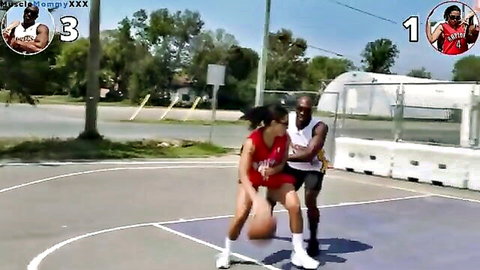 Athletic gym girl in red shorts vs muscular 55yo dad in 1v1 basketball outdoor match