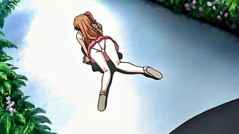 Anime girl with orange ponytail in pink dress, bent over showing white panties outdoors