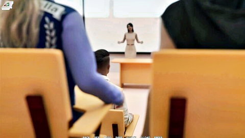 Jonhenovels as Asian teacher in tight bodysuit lecturing class, seductive pose