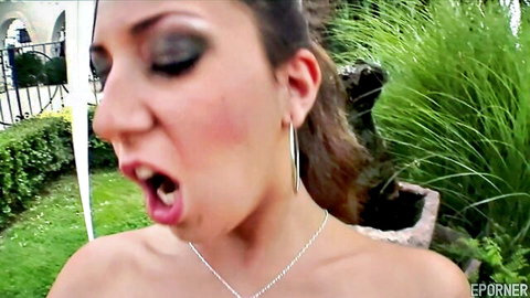 Sylvia Diamond topless outdoor oral tease with open mouth