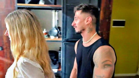 Blonde wife cheats with tattooed lover in intimate embrace