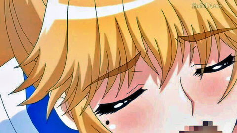 Blushing blonde anime girl with ecstatic closed eyes in hentai style