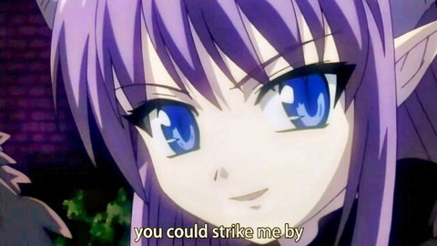 Purple-haired elf girl with blue eyes smiling in Ma ga Ochiru Yoru Ep.3 hentai