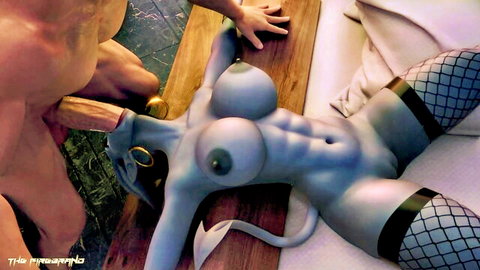 Xsara blue demon girl deepthroating cock in SFM animation, large tits and fishnets