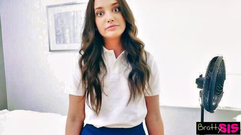 Gia Paige sassy stepsis in white polo shirt and blue skirt, teasing expression
