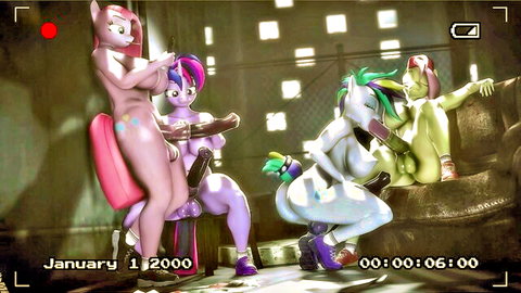 Pink pony gropes purple pony's tits as she rides pink dildo while green pony licks white pony's pussy in pony orgy