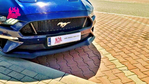 Blue Ford Mustang GT parked on brick pavement outdoors with pink flame decal