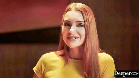 Gorgeous redhead Little Dragon smiling seductively in yellow top, intense BBC affair tease