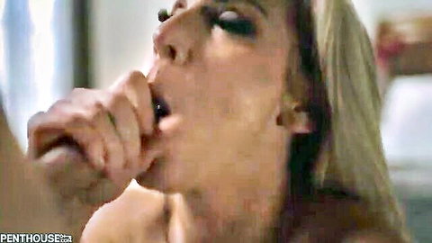 Tina's blonde milf face held open for oral in Mom Son Honeymoon scene