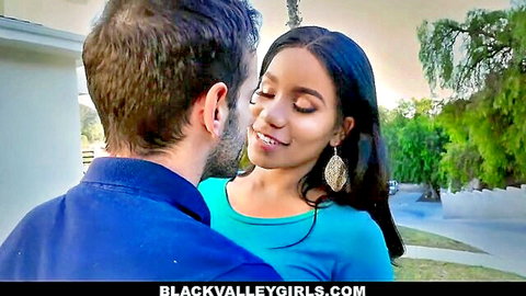 Jenna Foxx hot ebony teen sneaks passionate kiss outdoors