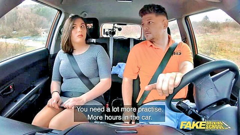 Brunette with big natural boobs teases driving instructor in car from Fake Driving School