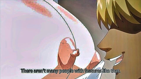 Blonde hentai girl smiling at massive pale breasts with visible nipple close-up