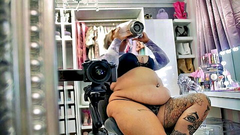Sexy BBW in black lingerie drinks weight gain shake, solo belly play