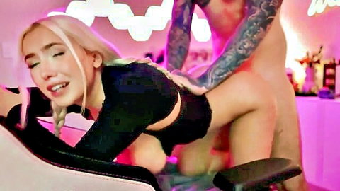 Blonde with pigtails in black lingerie takes doggy style pounding