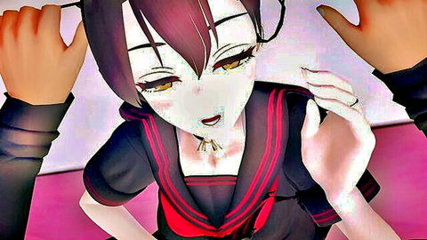 Anime twintail little sister in school uniform giving forced blowjob POV