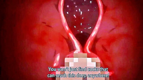 Massive dildo inserted deep into stretched wet pussy with red glowing cervix visible