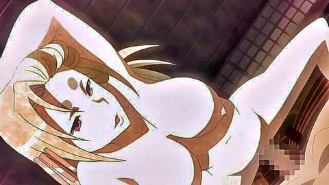 Blonde hentai babe with massive tits lying nude in seductive pose with censored pussy