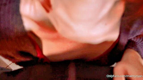 POV closeup of young fair-skinned babe with open mouth and tongue out teasing cock sucking