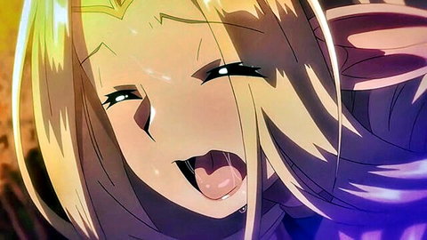 Blonde anime girl sticks out wet tongue in ecstatic ahegao orgasm face