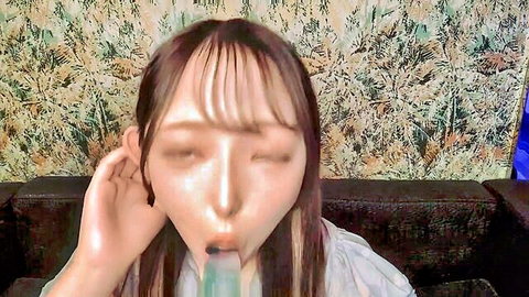 Akari Mitani seductively sucking blue dildo, close-up JAV oral tease