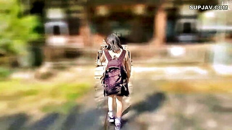 Fair-skinned Asian schoolgirl in short skirt walking away with backpack, JAV gonzo outdoor scene