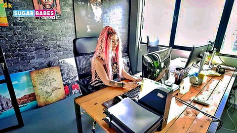 Pink-haired model in office, teasing first BBC encounter at SugarBabesTV