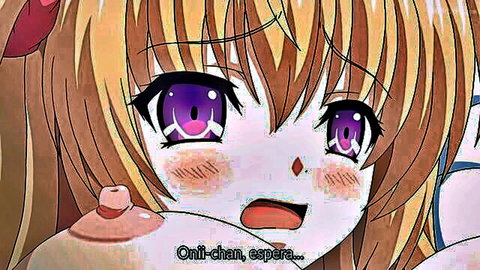 Blushing anime imouto Ken with purple eyes, exposed breast, begging onii-chan in hentai scene