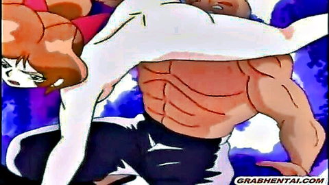 Redhead hentai girl arched back with muscular man grabbing her nude body