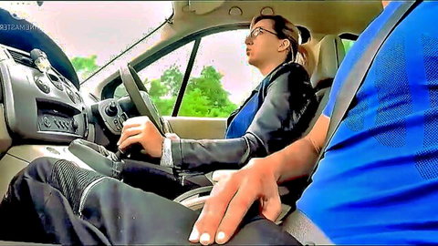 Driver fingers blonde in glasses pussy inside pants in car